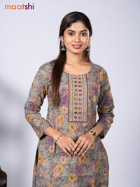 Cotton readymade kurti set grey and pastel purple with allover floral prints & embroidery mirror work neck pattern and straight cut pant