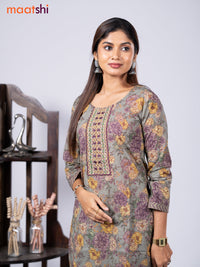 Cotton readymade kurti set grey and pastel purple with allover floral prints & embroidery mirror work neck pattern and straight cut pant