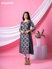 Cotton readymade A-line kurti grey and black with allover batik prints & embroidery work neck pattern without bottom