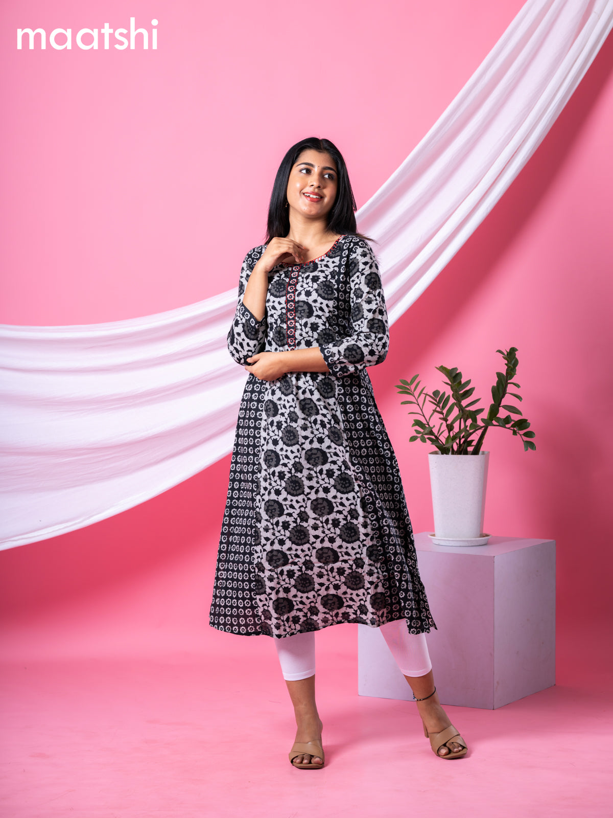 Cotton readymade A-line kurti grey and black with allover batik prints & embroidery work neck pattern without bottom