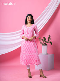 Cotton readymade A-line kurti pink and off white with allover floral buttas & embroidery sequin work neck pattern without bottom