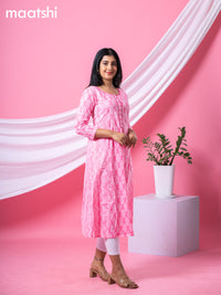 Cotton readymade A-line kurti pink and off white with allover floral buttas & embroidery sequin work neck pattern without bottom