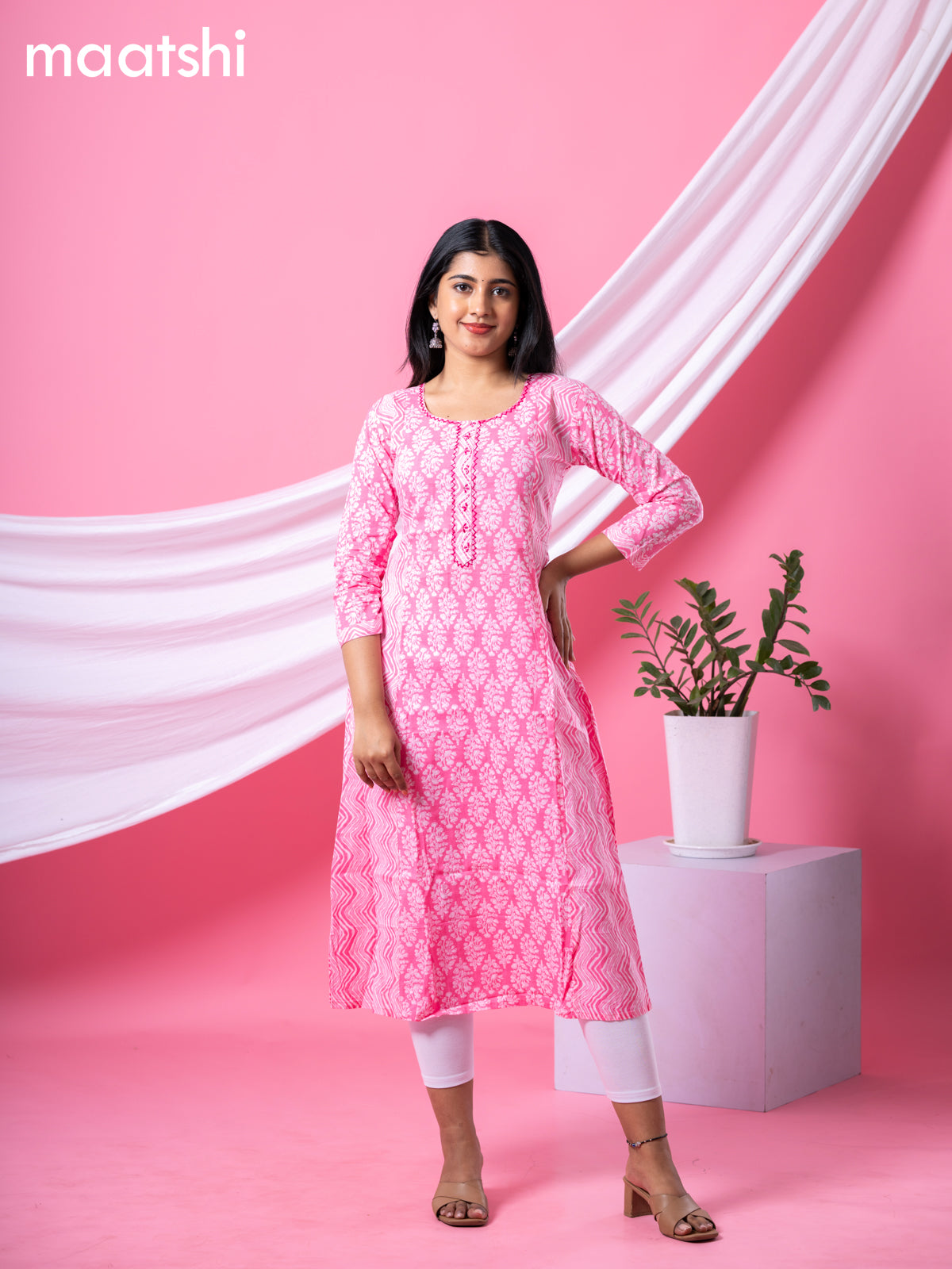 Cotton readymade A-line kurti pink and off white with allover floral buttas & embroidery sequin work neck pattern without bottom