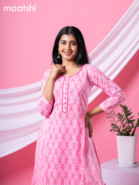 Cotton readymade A-line kurti pink and off white with allover floral buttas & embroidery sequin work neck pattern without bottom