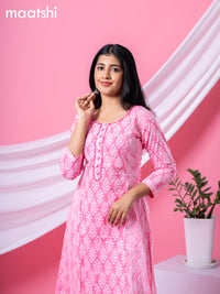 Cotton readymade A-line kurti pink and off white with allover floral buttas & embroidery sequin work neck pattern without bottom