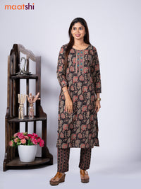 Cotton readymade kurti set black with allover kalamkari prints & embroidery mirror work neck pattern and straight cut pant