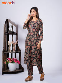 Cotton readymade kurti set black with allover kalamkari prints & embroidery mirror work neck pattern and straight cut pant