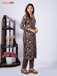 Cotton readymade kurti set black with allover kalamkari prints & embroidery mirror work neck pattern and straight cut pant