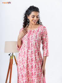 Rayon readymade kurti set cream and pink with allover ikat prints & patch work neck pattern and straight cut pant