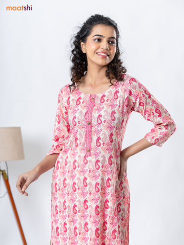 Rayon readymade kurti set cream and pink with allover ikat prints & patch work neck pattern and straight cut pant