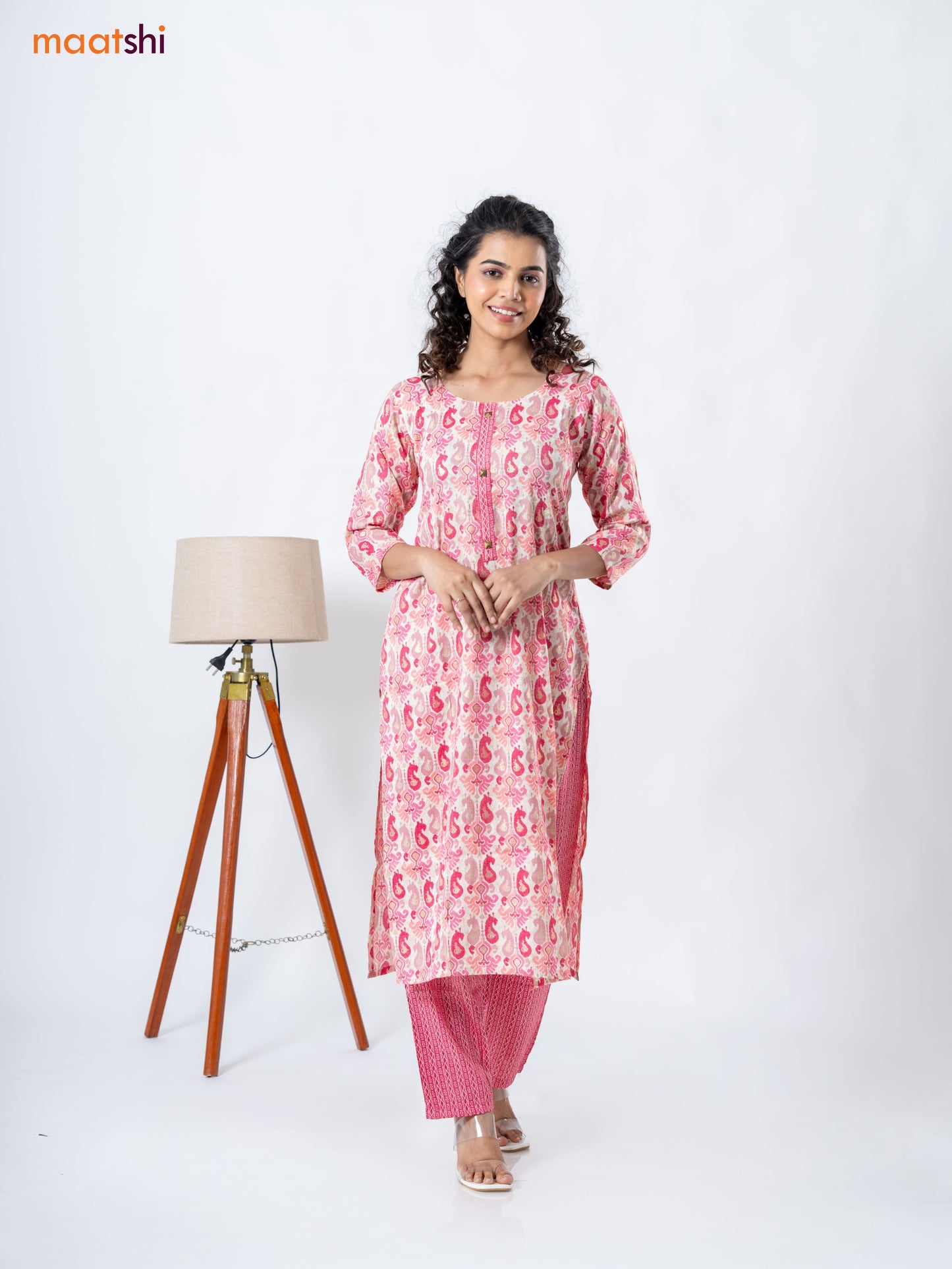 Rayon readymade kurti set cream and pink with allover ikat prints & patch work neck pattern and straight cut pant