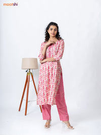 Rayon readymade kurti set cream and pink with allover ikat prints & patch work neck pattern and straight cut pant