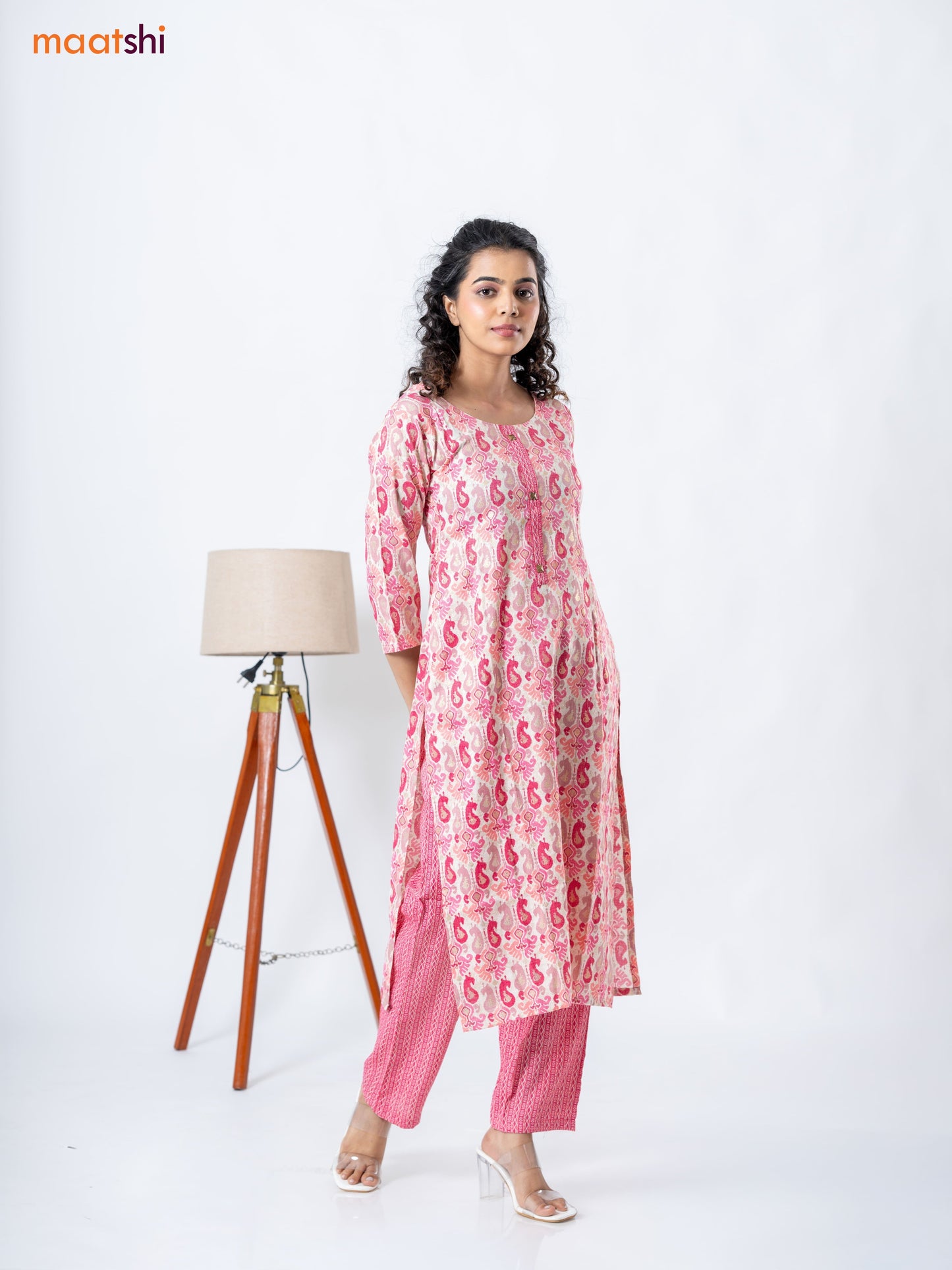 Rayon readymade kurti set cream and pink with allover ikat prints & patch work neck pattern and straight cut pant