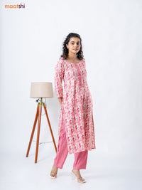 Rayon readymade kurti set cream and pink with allover ikat prints & patch work neck pattern and straight cut pant