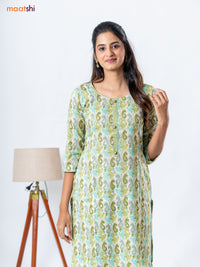 Rayon readymade kurti set cream and mehendi green with allover ikat prints & patch work neck pattern and straight cut pant