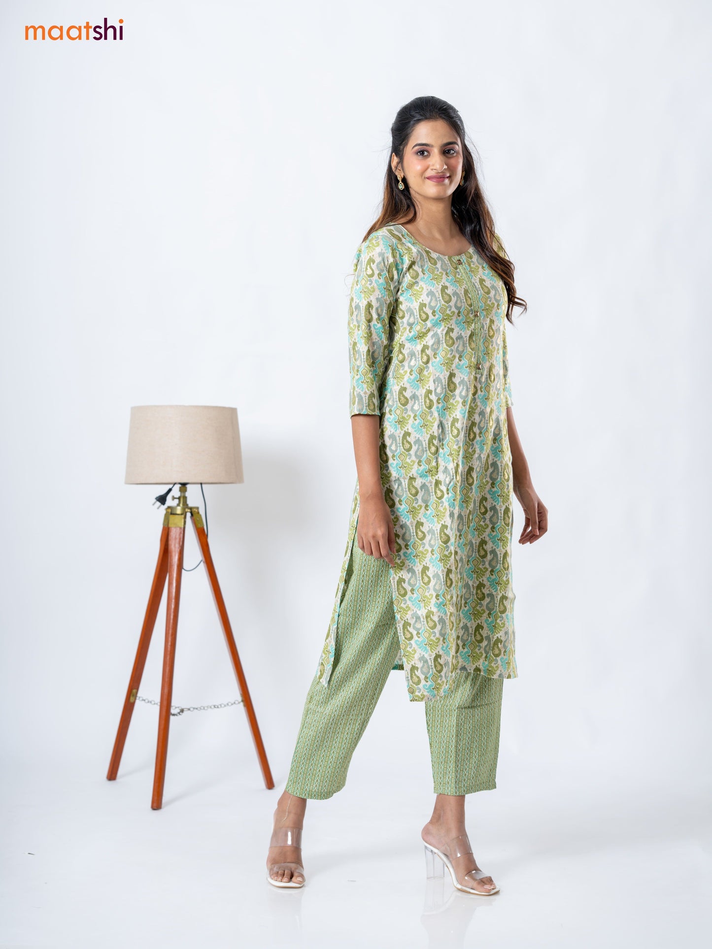 Rayon readymade kurti set cream and mehendi green with allover ikat prints & patch work neck pattern and straight cut pant