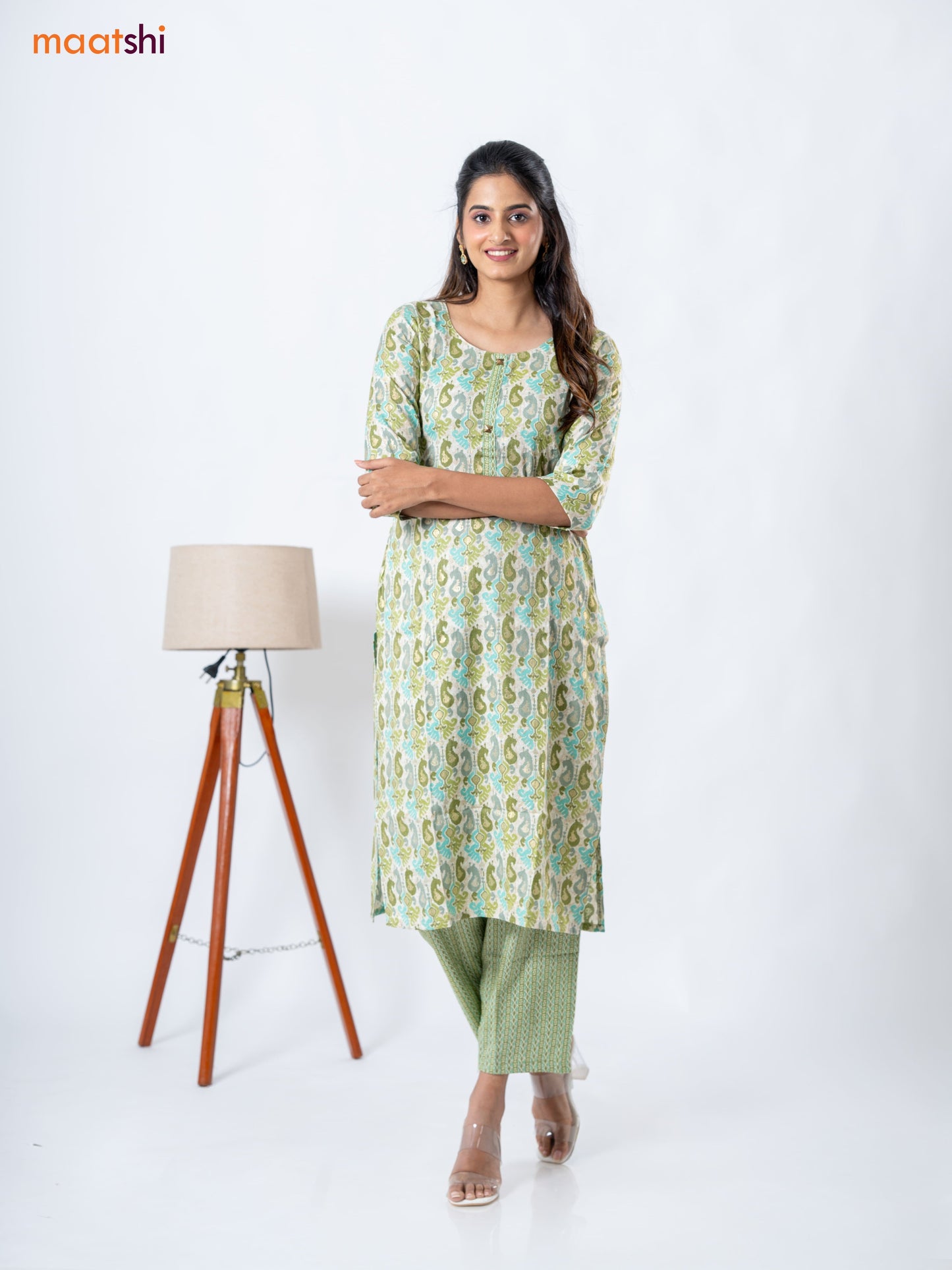 Rayon readymade kurti set cream and mehendi green with allover ikat prints & patch work neck pattern and straight cut pant