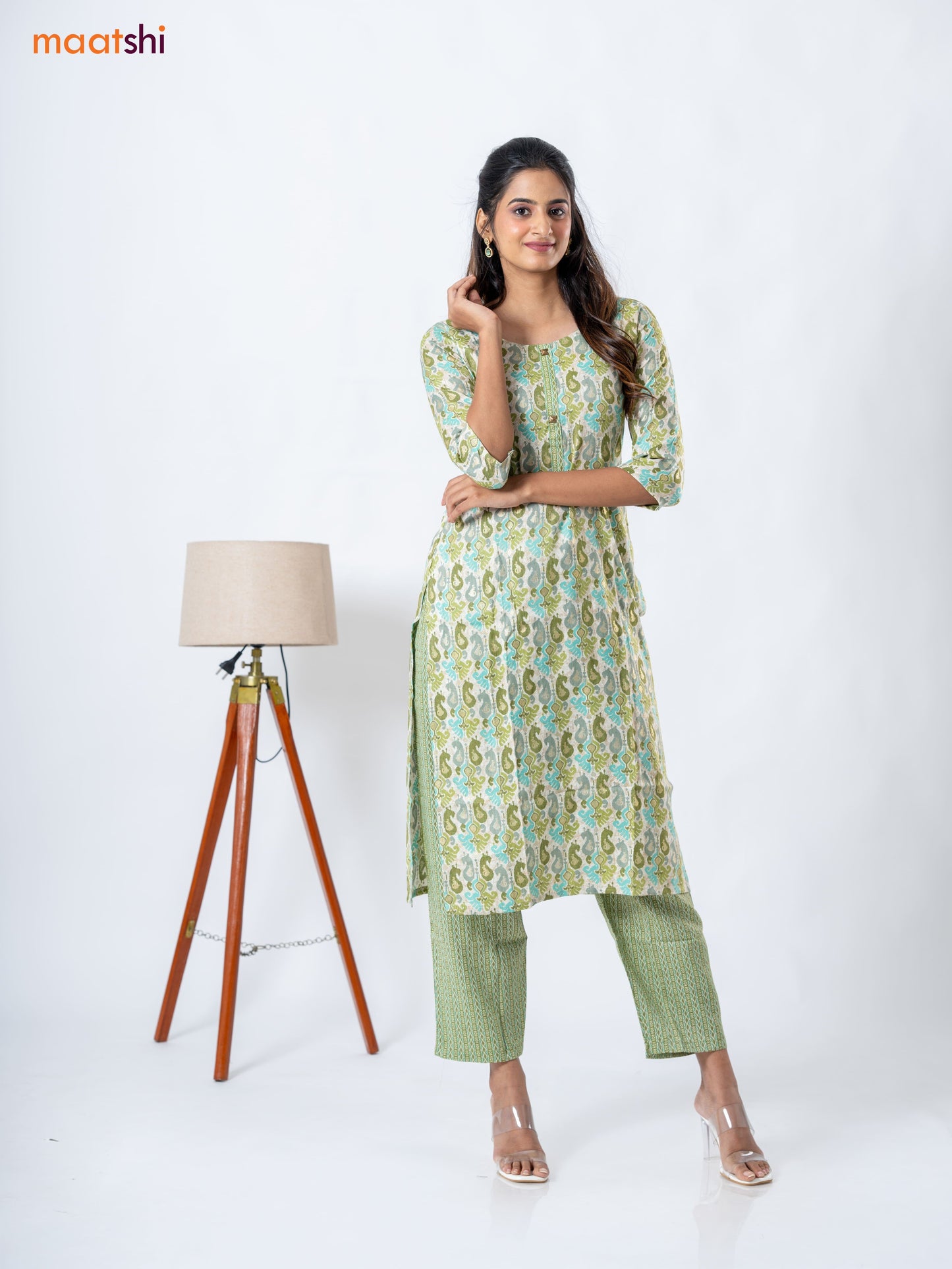 Rayon readymade kurti set cream and mehendi green with allover ikat prints & patch work neck pattern and straight cut pant