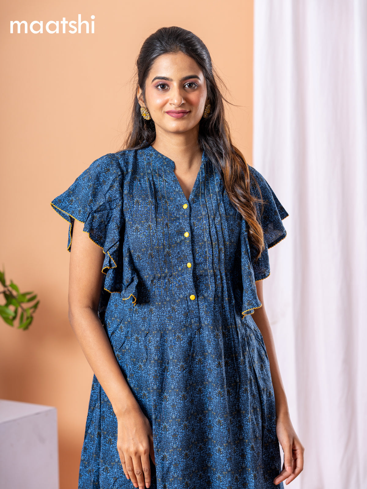 Cotton dress navy blue with allover prints without pant