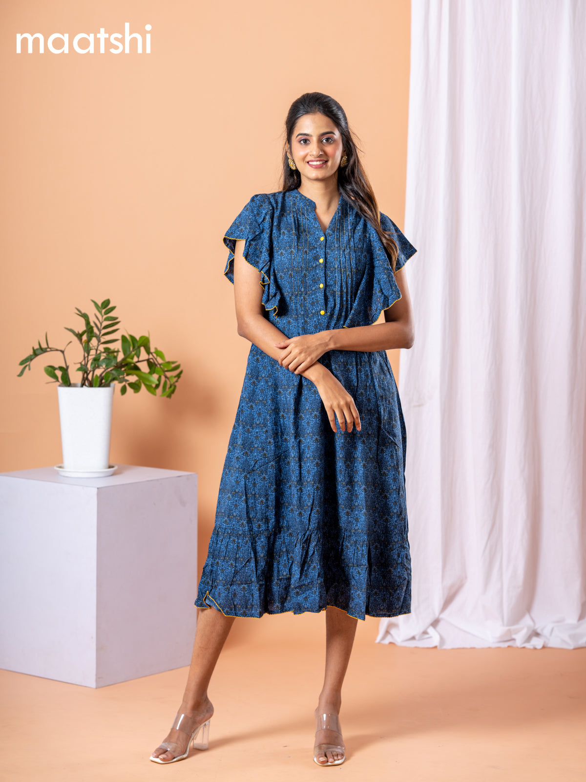 Cotton dress navy blue with allover prints without pant