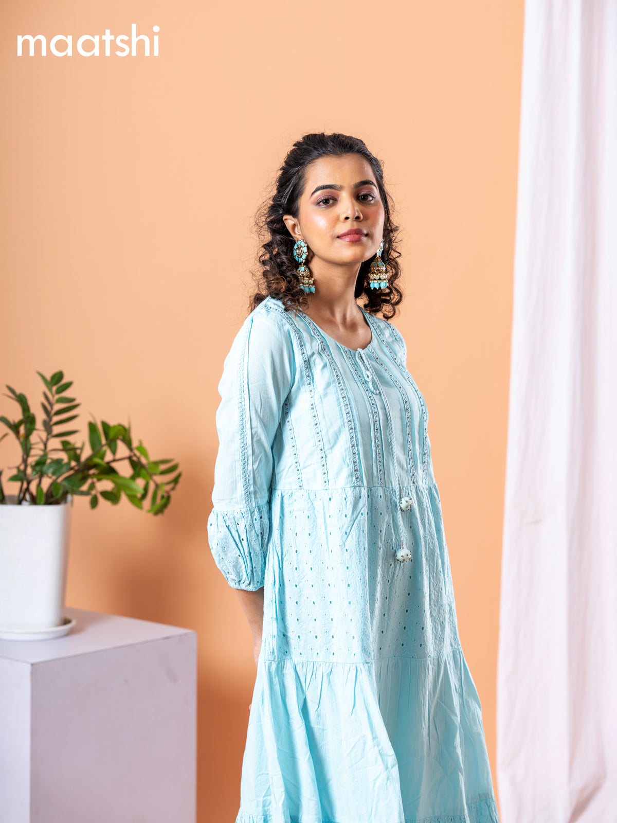 Cotton dress light blue with beaded & crocia lace work neck pattern without pant