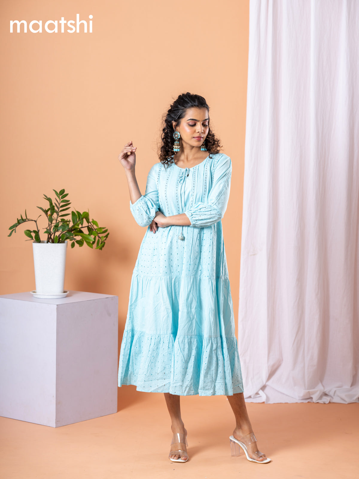 Cotton dress light blue with beaded & crocia lace work neck pattern without pant