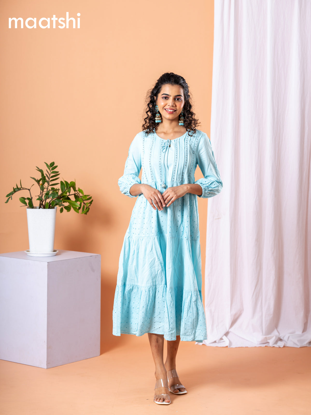 Cotton dress light blue with beaded & crocia lace work neck pattern without pant