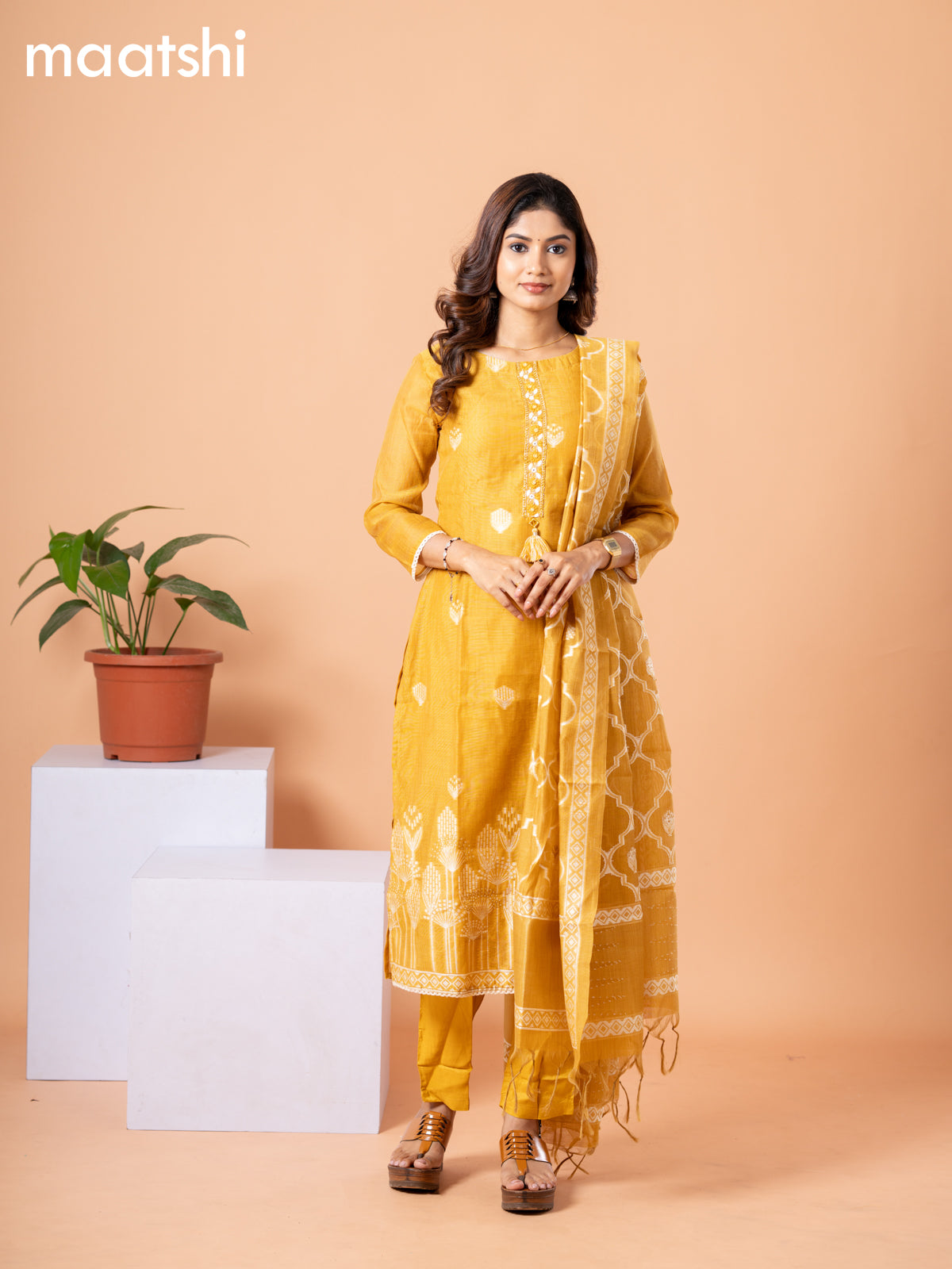 Raw silk readymade salwar suit mustard yellow with embroidery buttas & embroidery zardosi work neck pattern and straight cut pant & banarasi dupatta