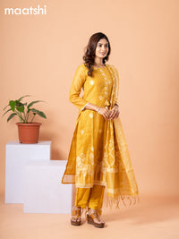 Raw silk readymade salwar suit mustard yellow with embroidery buttas & embroidery zardosi work neck pattern and straight cut pant & banarasi dupatta