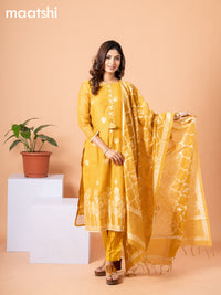 Raw silk readymade salwar suit mustard yellow with embroidery buttas & embroidery zardosi work neck pattern and straight cut pant & banarasi dupatta