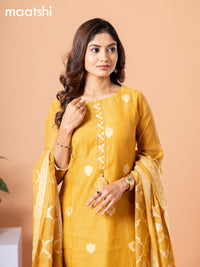 Raw silk readymade salwar suit mustard yellow with embroidery buttas & embroidery zardosi work neck pattern and straight cut pant & banarasi dupatta