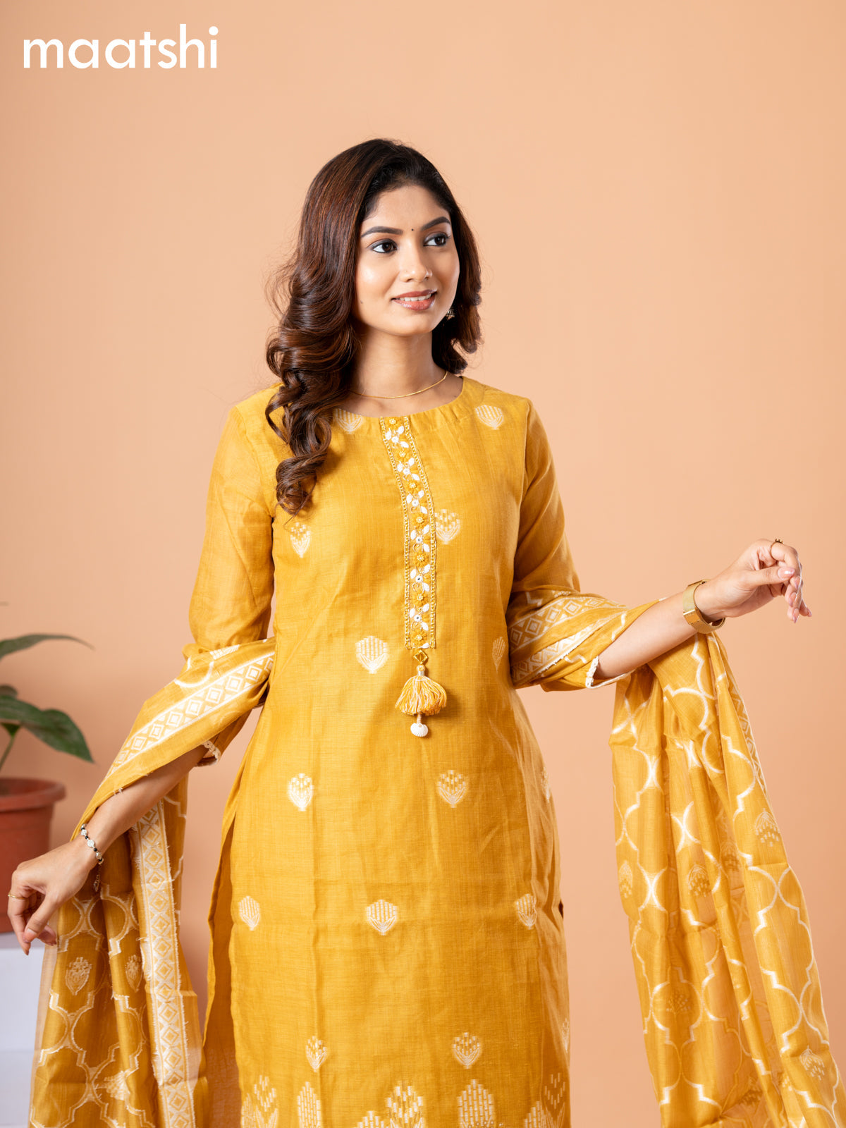 Raw silk readymade salwar suit mustard yellow with embroidery buttas & embroidery zardosi work neck pattern and straight cut pant & banarasi dupatta