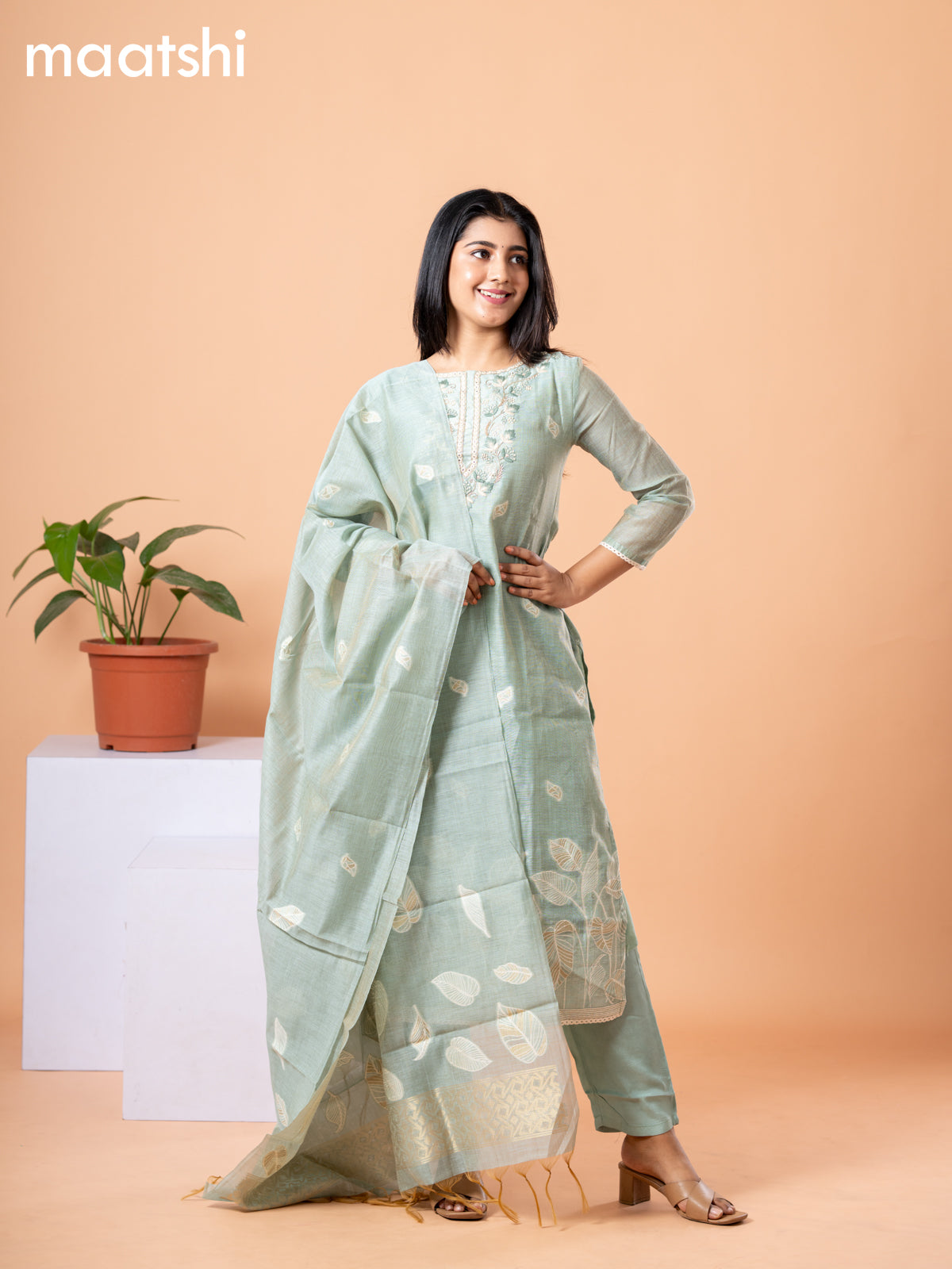 Raw silk readymade salwar suit pastel green with embroidery buttas & embroidery zardosi work neck pattern and straight cut pant & banarasi dupatta