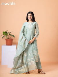 Raw silk readymade salwar suit pastel green with embroidery buttas & embroidery zardosi work neck pattern and straight cut pant & banarasi dupatta