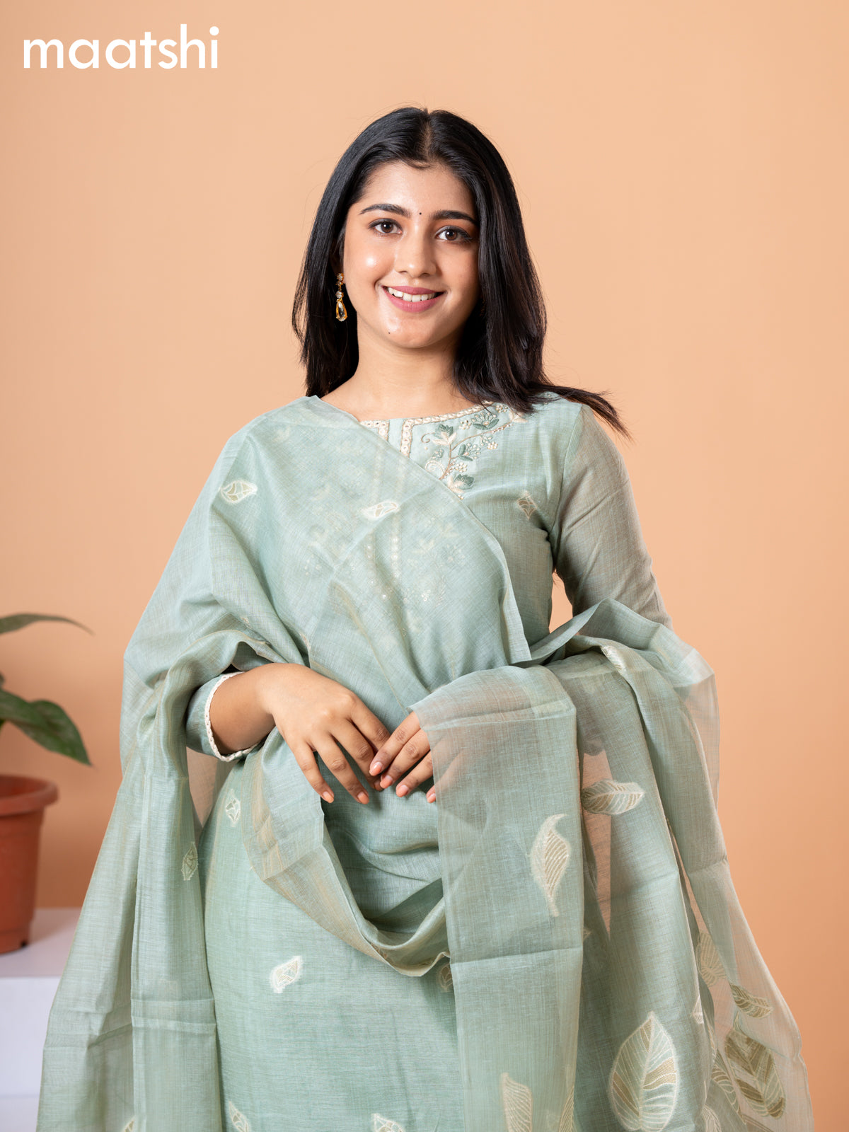 Raw silk readymade salwar suit pastel green with embroidery buttas & embroidery zardosi work neck pattern and straight cut pant & banarasi dupatta