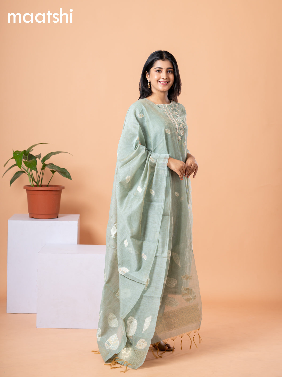 Raw silk readymade salwar suit pastel green with embroidery buttas & embroidery zardosi work neck pattern and straight cut pant & banarasi dupatta