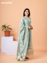 Raw silk readymade salwar suit pastel green with embroidery buttas & embroidery zardosi work neck pattern and straight cut pant & banarasi dupatta