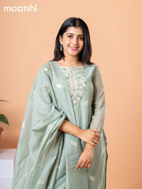 Raw silk readymade salwar suit pastel green with embroidery buttas & embroidery zardosi work neck pattern and straight cut pant & banarasi dupatta