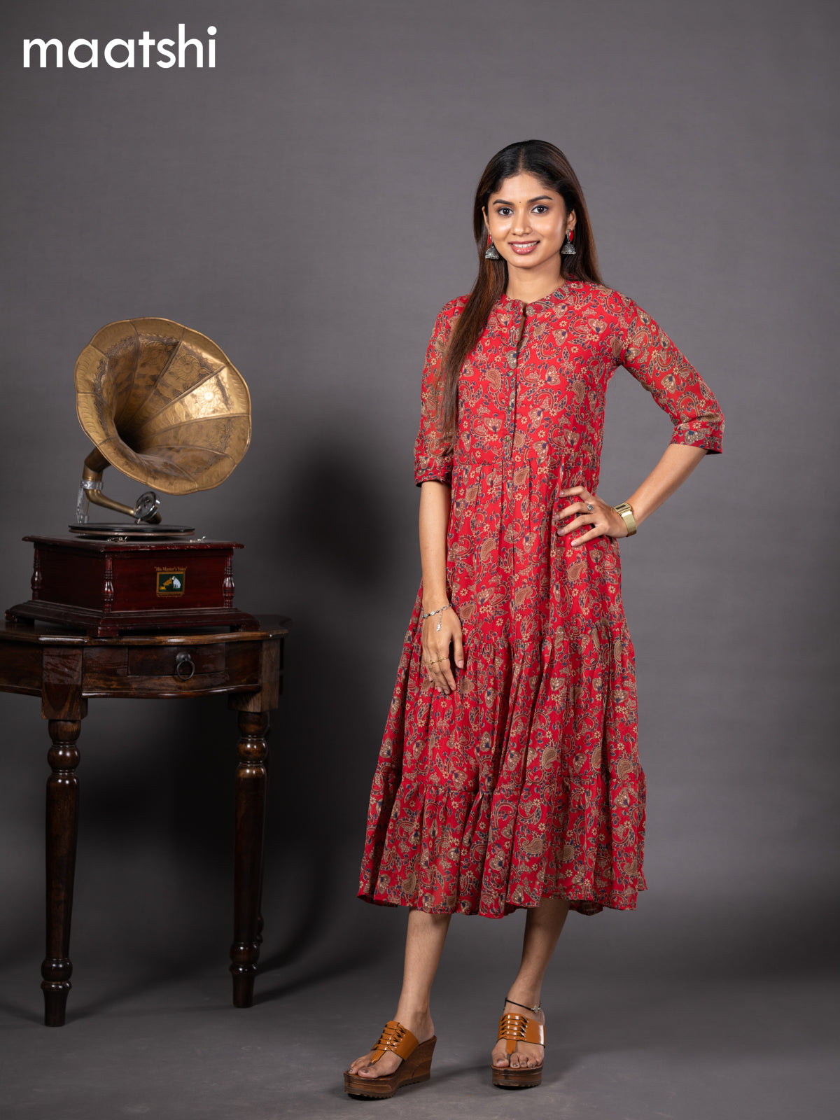 Chiffon readymade dress red with allover kalamkari prints & simple collar neck design without pant