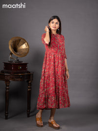 Chiffon readymade dress red with allover kalamkari prints & simple collar neck design without pant