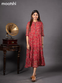 Chiffon readymade dress red with allover kalamkari prints & simple collar neck design without pant