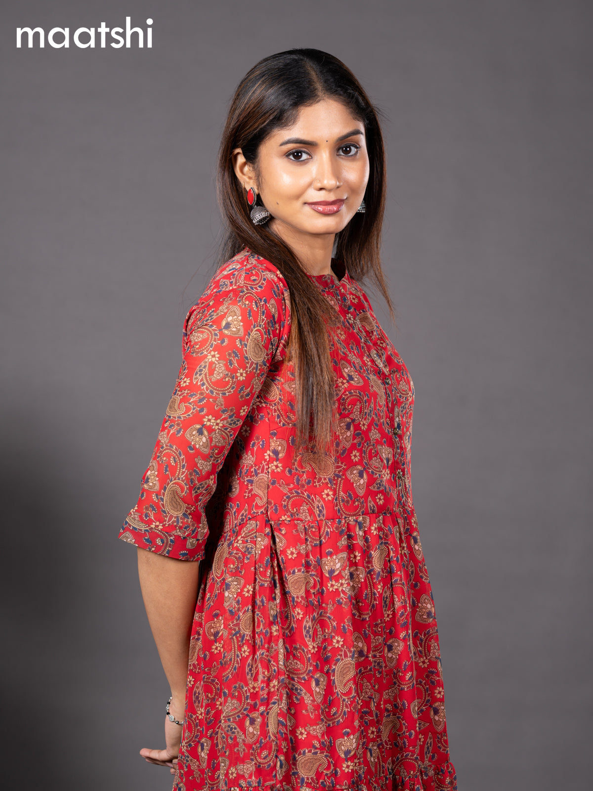 Chiffon readymade dress red with allover kalamkari prints & simple collar neck design without pant