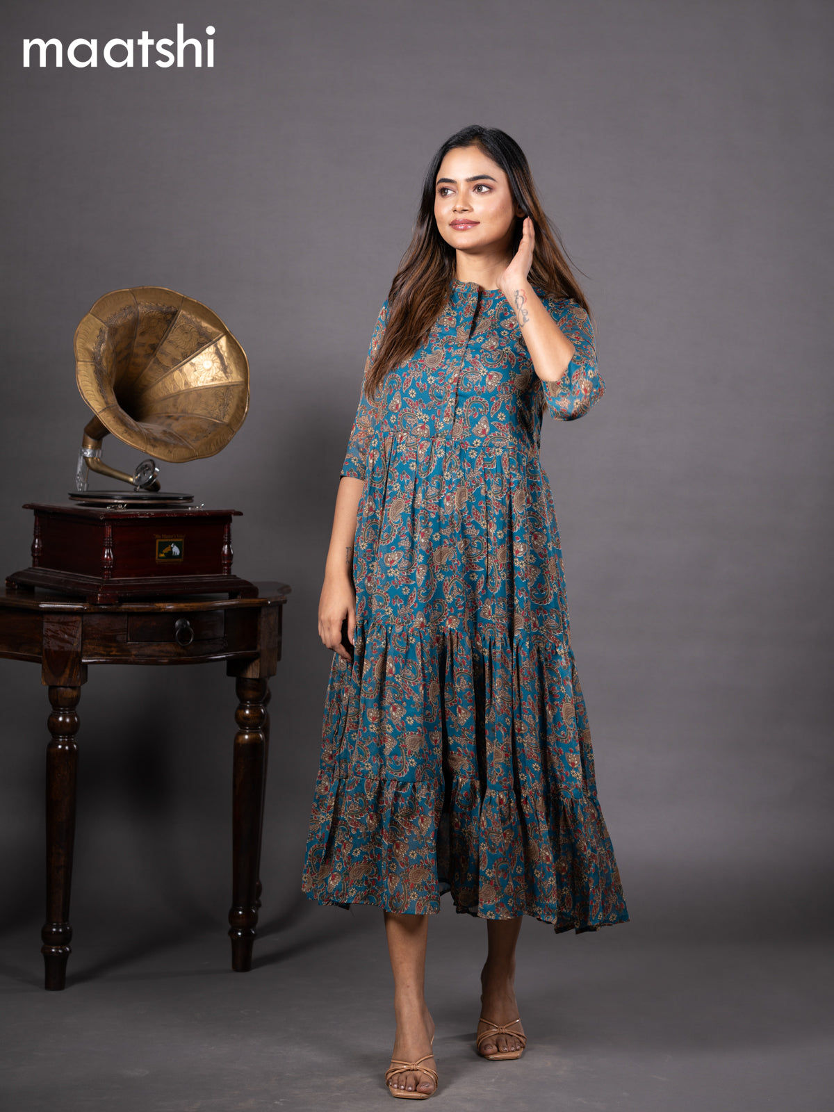 Chiffon readymade dress peacock green with allover kalamkari prints & simple collar neck design without pant