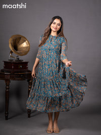 Chiffon readymade dress peacock green with allover kalamkari prints & simple collar neck design without pant