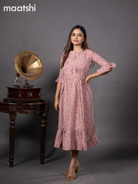 Soft rayon readymade dress peach shade with allover floral prints & simple collar neck design without pant