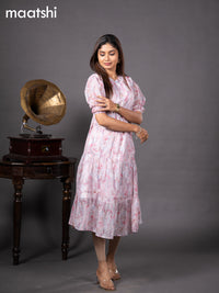 Chiffon readymade dress pink and off white with allover prints & simple collar neck design without pant