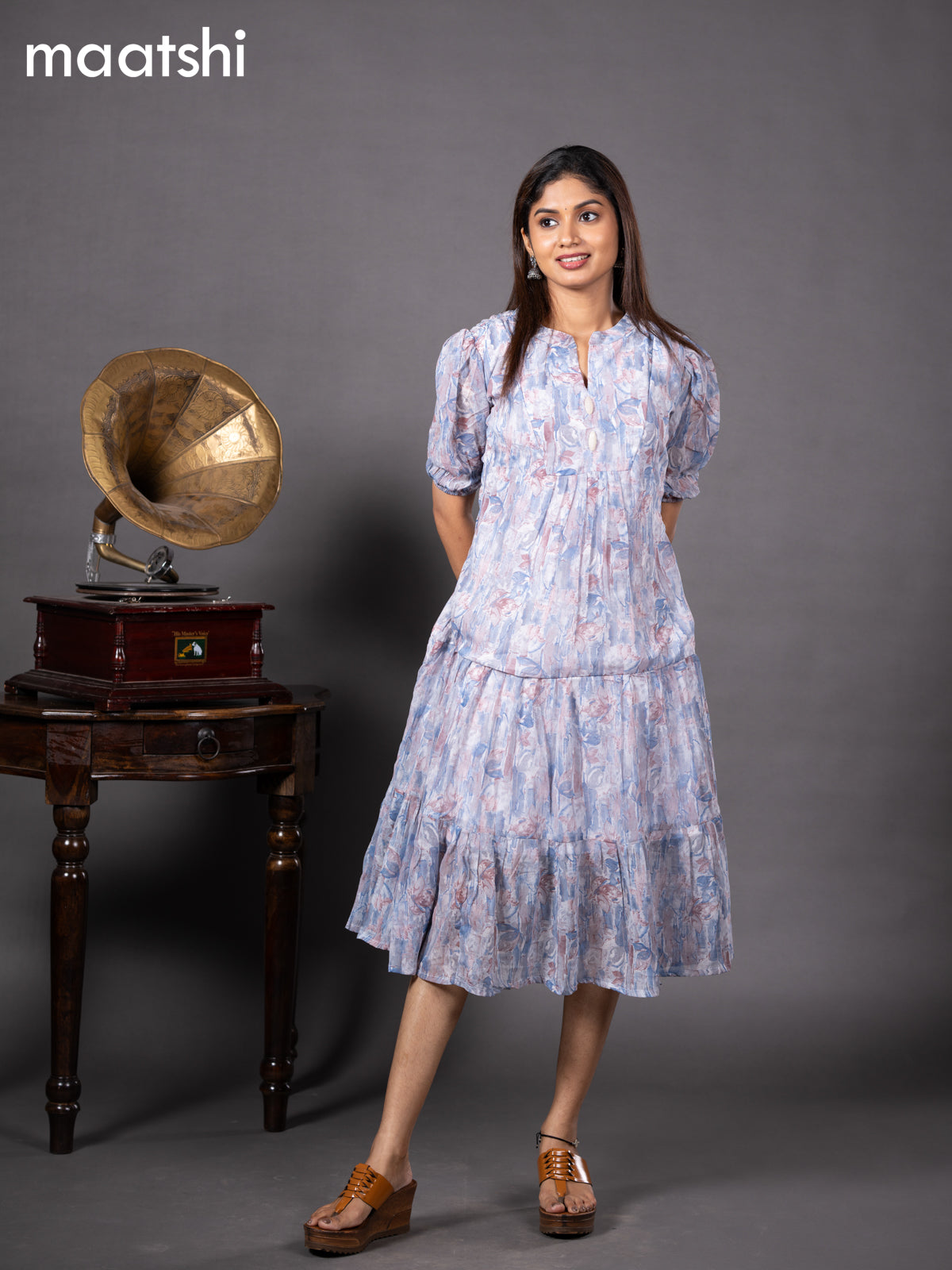 Chiffon readymade dress blue and off white with allover prints & simple collar neck design without pant