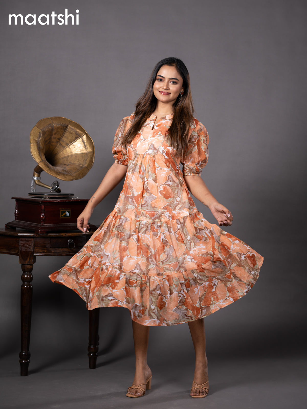 Chiffon readymade dress peach orange with allover prints & simple collar neck design without pant