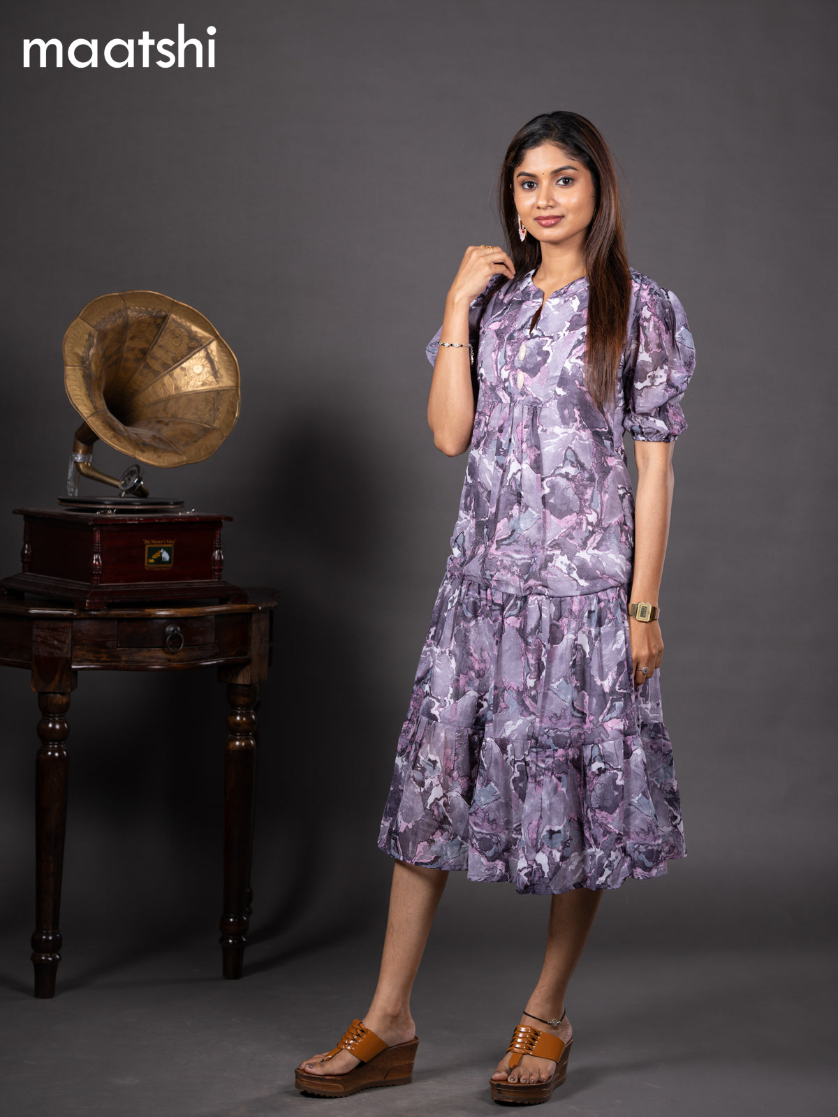 Chiffon readymade dress grey shade and pink with allover prints & simple collar neck design without pant