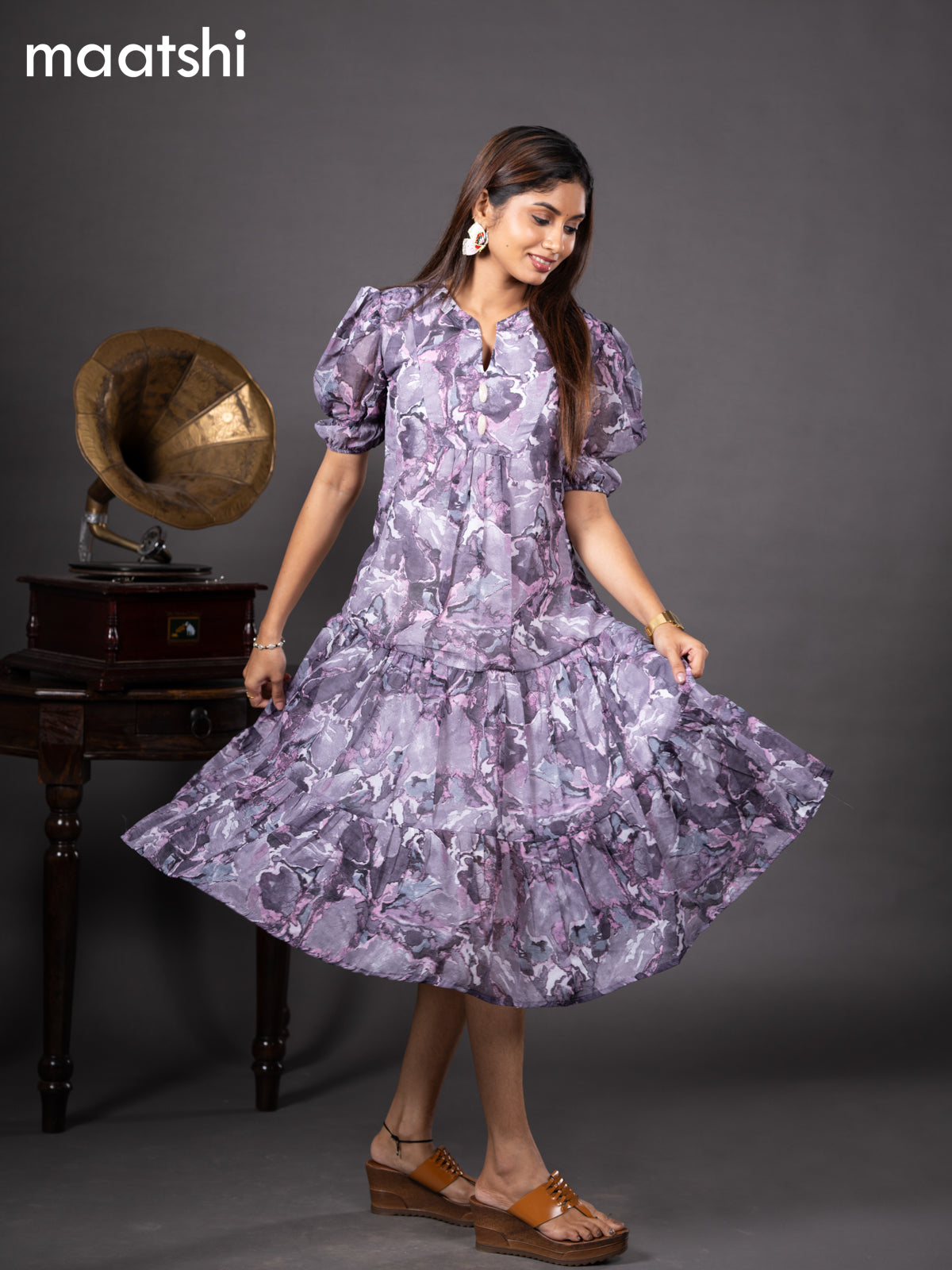 Chiffon readymade dress grey shade and pink with allover prints & simple collar neck design without pant